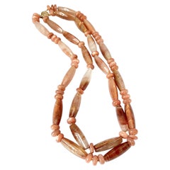 Red Fire Quartz and Peach Moonstone Double Strand Necklace with Yellow Gold