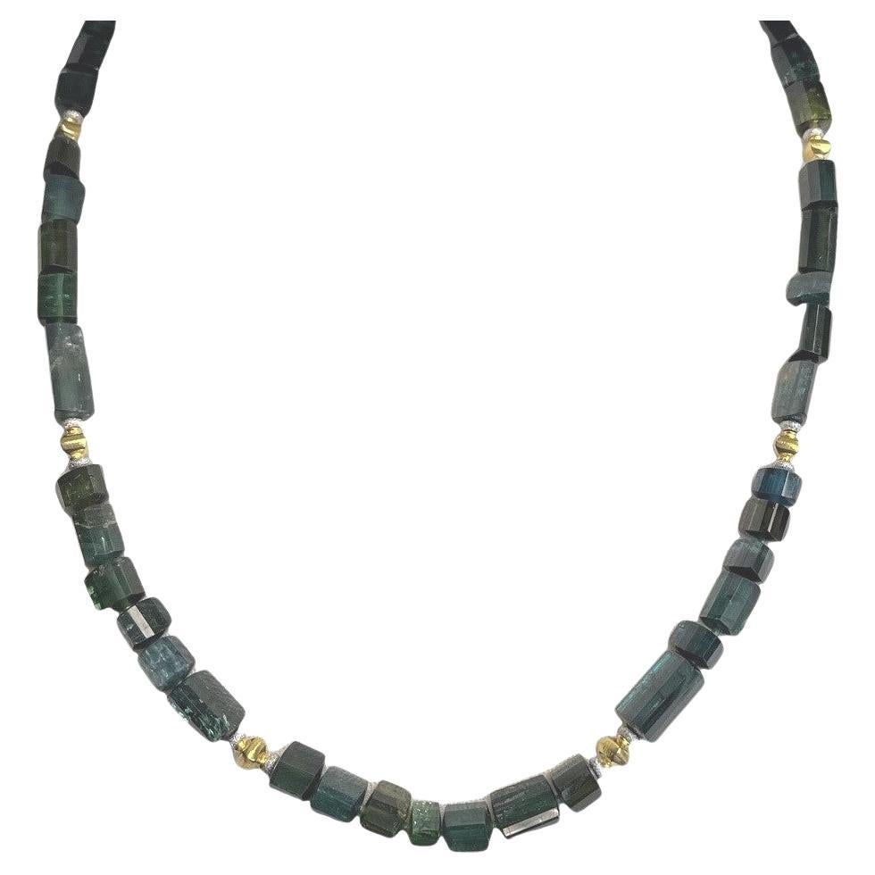 Grüner, blauer und blauer Turmalin-Perlenkette mit Perlen, 14k und 18k Gold, 20 Zoll