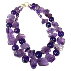Nesting Double Strand Amethyst Round and Nugget Bead Necklace with Yellow Gold