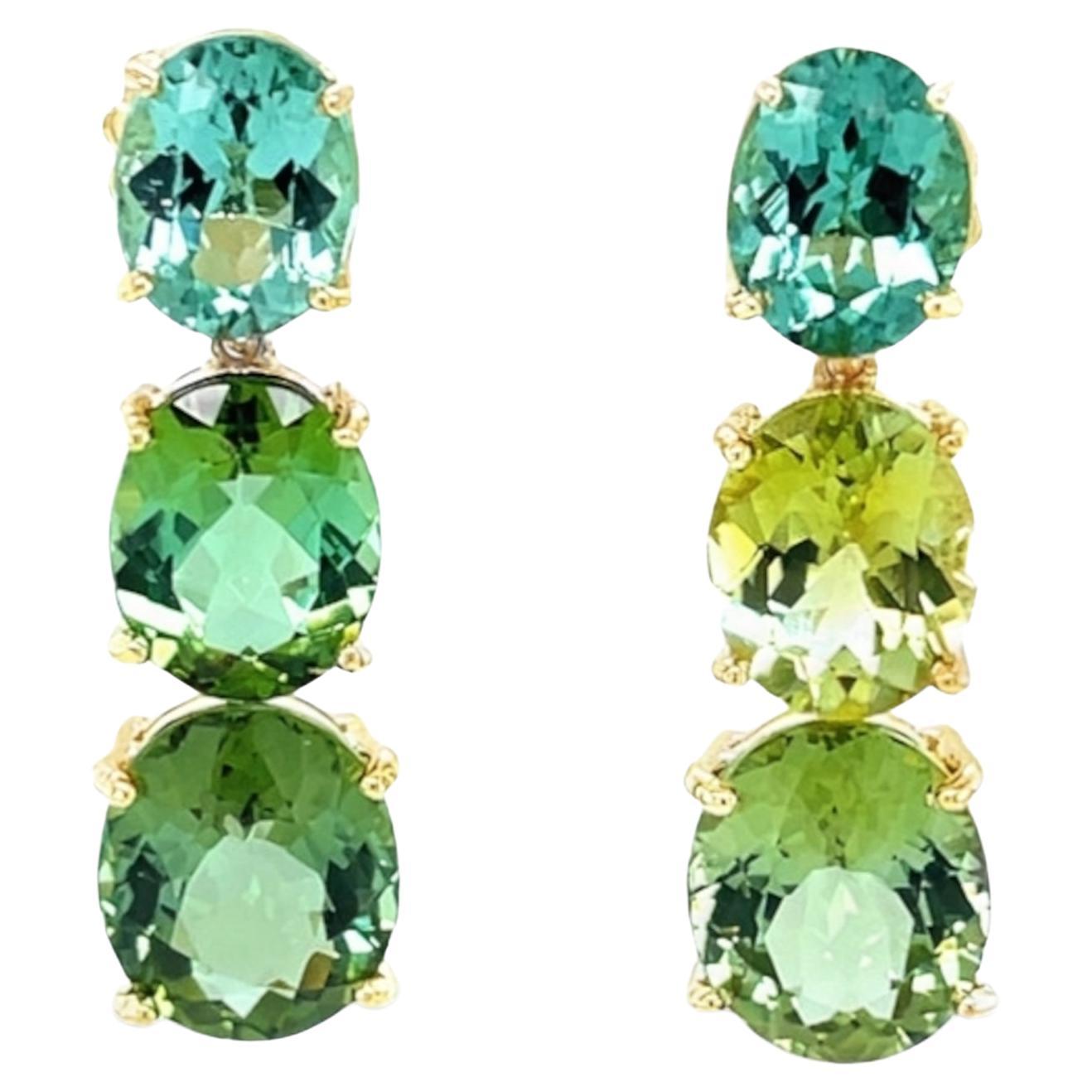 Green Multicolored Tourmaline and Yellow Gold Dangle Earrings, 19 Carats Total