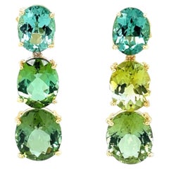 Green Multicolored Tourmaline and Yellow Gold Dangle Earrings, 19 Carats Total