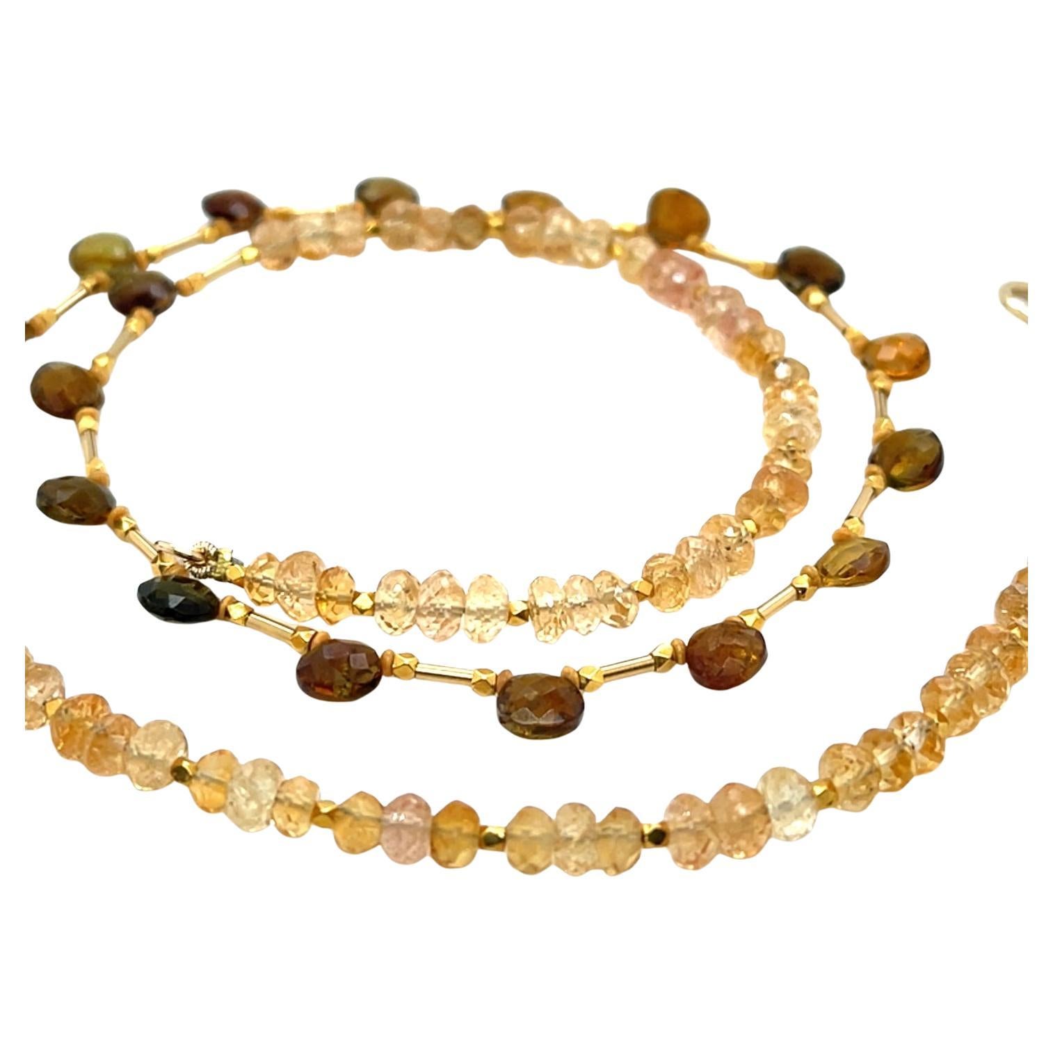 Collier de perles en tourmaline Briolette et citrine avec accents en or jaune, 18".