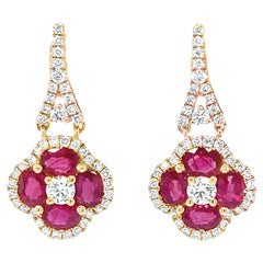 Ruby and Diamond Drop Earrings in 18k Yellow Gold, 2.83 Carats Total