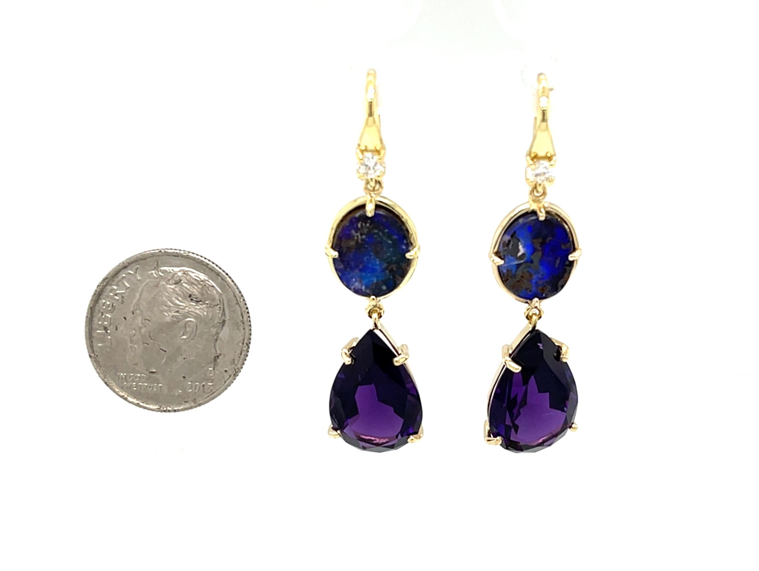 Boucles d'oreilles pendantes en or jaune 18k avec opale Boulder, améthyste, poire et diamant Neuf - En vente à Los Angeles, CA