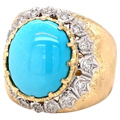 Anillo de Cóctel de Oro Estilo Florentino con Turquesa y Diamantes de la Mina de la Bella Durmiente