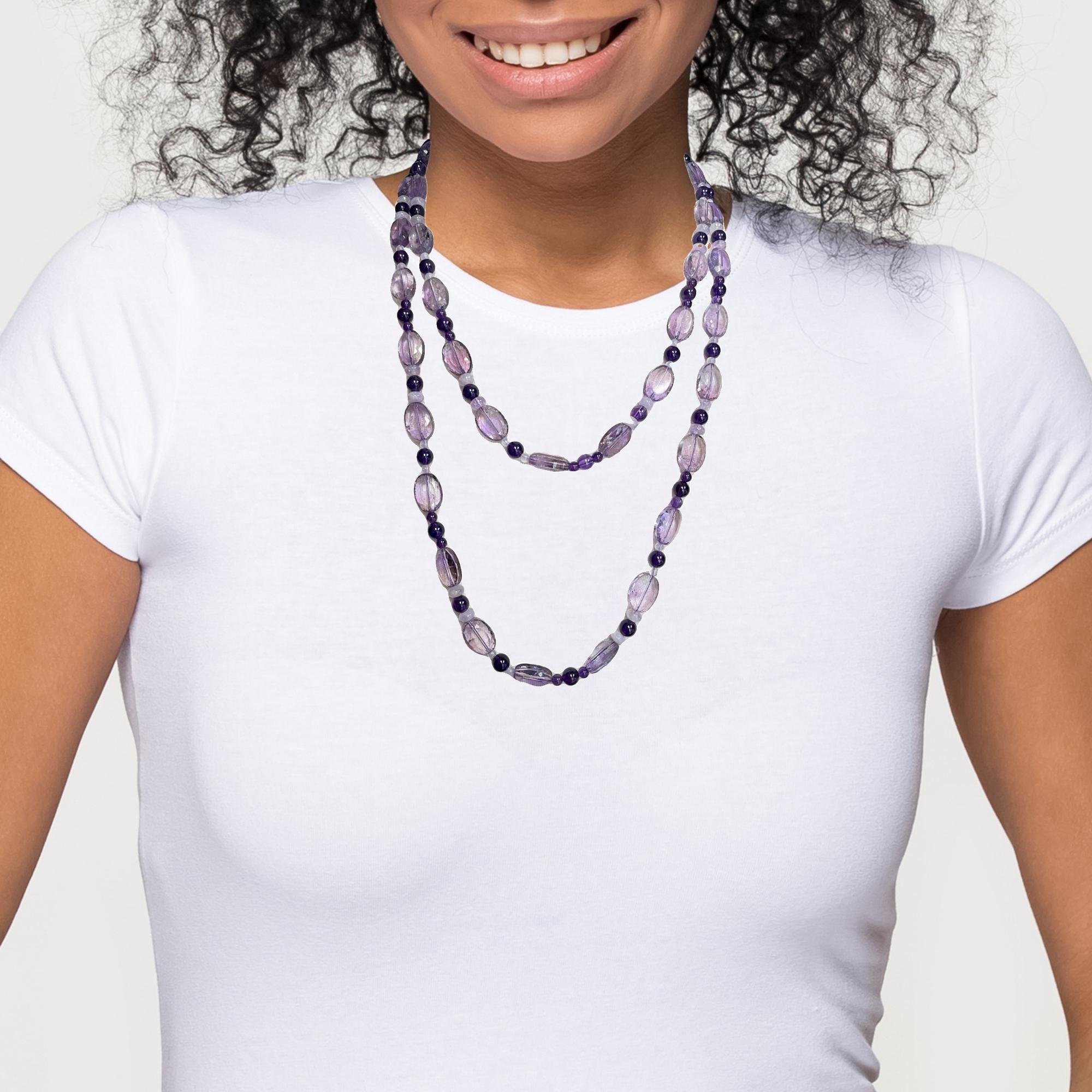 Rose de France, Amethyst und Kunzit Perlenkette, 46 Zentimeter lang im Angebot 5