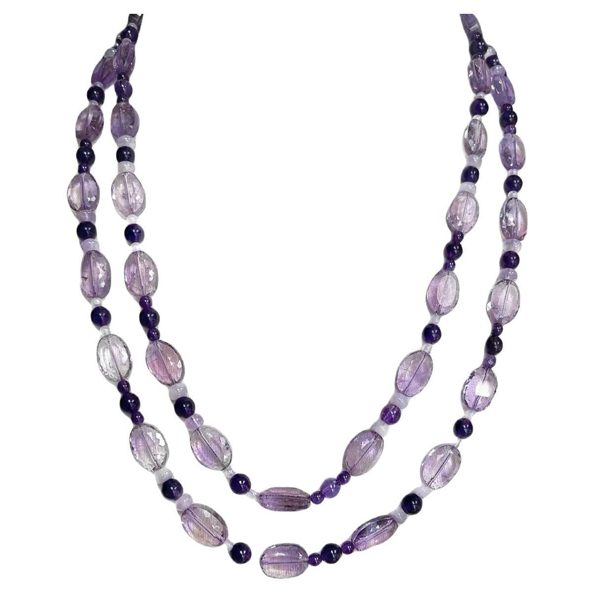 Rose de France, Amethyst und Kunzit Perlenkette, 46 Zentimeter lang