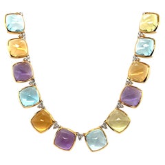 Amethyst, Citrine, Prasiolite and Topaz Cabochon Necklace with Diamonds 18K Gold