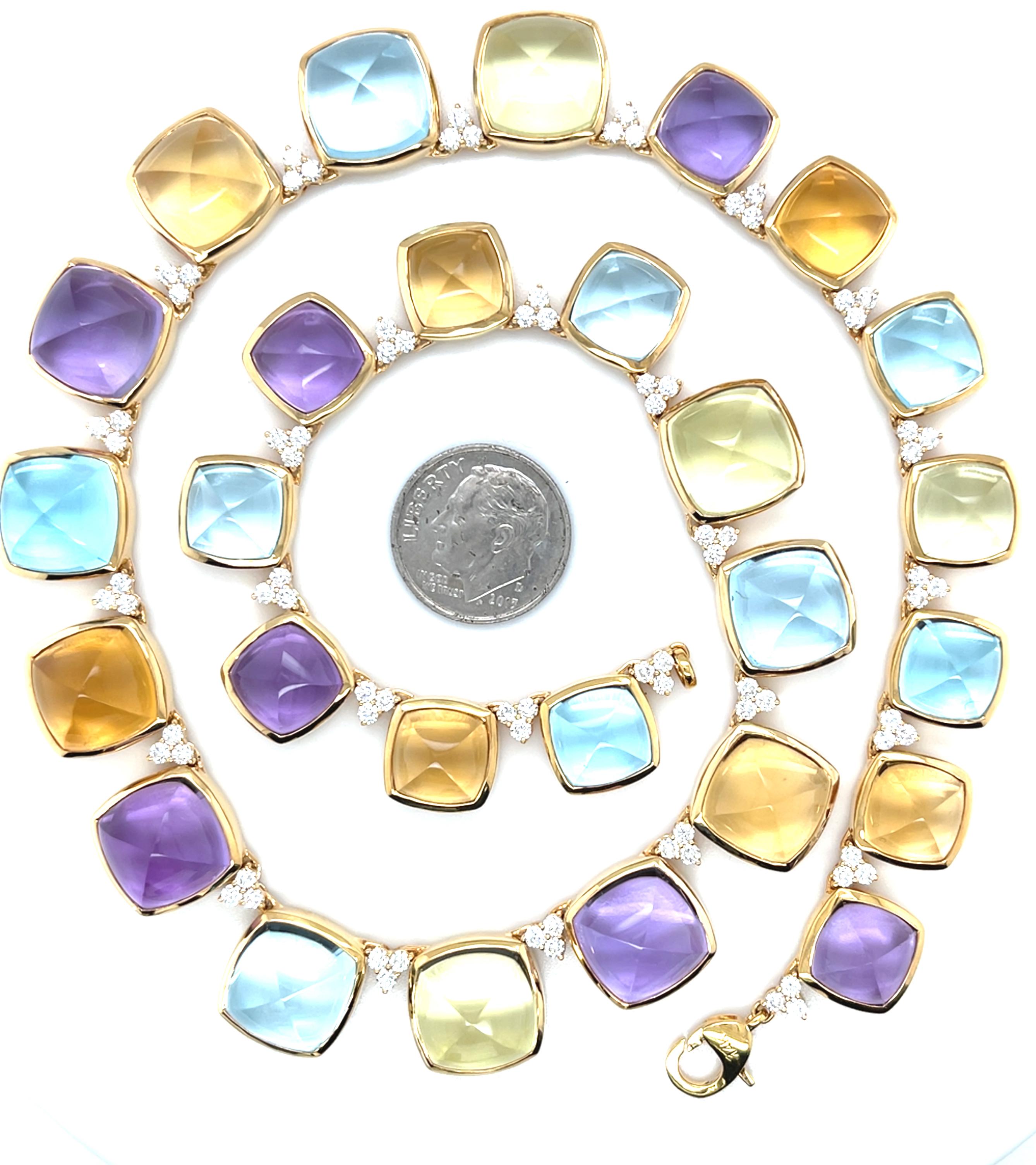 Taille cabochon « sugarloaf » Collier cabochon en améthyste, citrine, prasiolite et topaze avec diamants Or 18K en vente