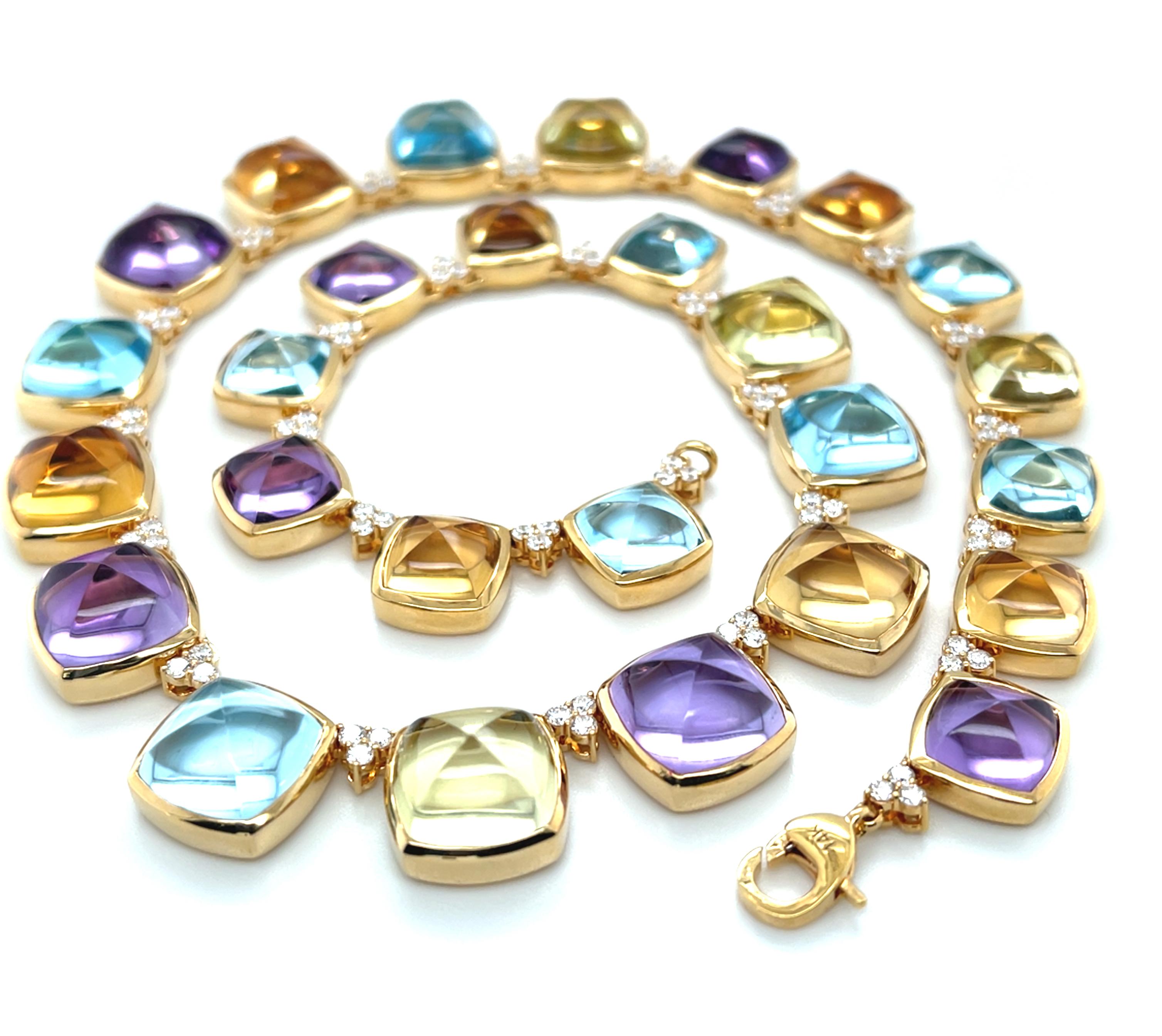 Artisan Collier cabochon en améthyste, citrine, prasiolite et topaze avec diamants Or 18K en vente