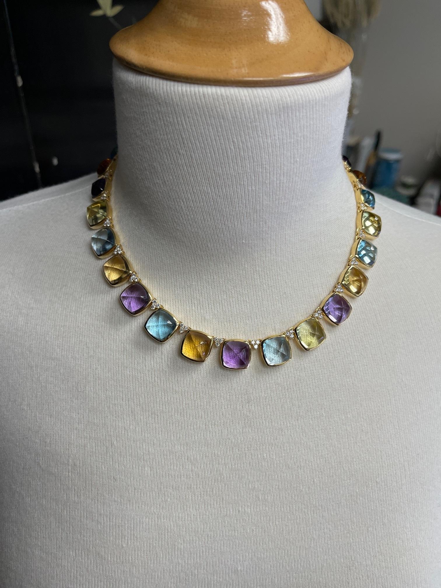 Collier cabochon en améthyste, citrine, prasiolite et topaze avec diamants Or 18K Neuf - En vente à Los Angeles, CA