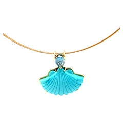 Hand Carved Sleeping Beauty Mine Turquoise Shell Pendant 18k Gold