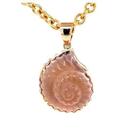 Hand Carved Rose Quartz Nautilus Shell Pendant in 18k Rose Gold, 20.89 Carats