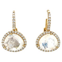 Facettierte Mondstein und Diamant Halo Gelbgold Hebel Back Tropfen Ohrringe