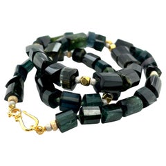 Green, Blue and Teal Tourmaline Beaded Necklace, 14k and 18k Gold, 20 Inches