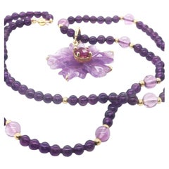 Hand Carved Amethyst Flower Pendant and Amethyst Bead Necklace with Yellow Gold