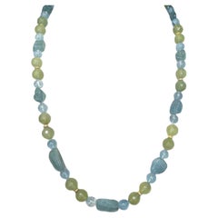Aquamarine and Prehnite Beaded Necklace with Yellow Gold Accents, 24 Inches