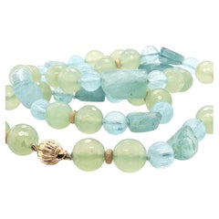 Aquamarine and Prehnite Beaded Necklace with Yellow Gold Accents, 24 Inches