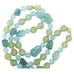 Aquamarine and Prehnite Beaded Necklace with Yellow Gold Accents, 24 Inches