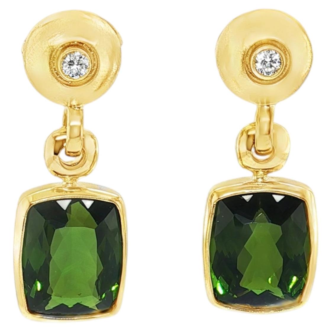 9.34 Carats Total Green Tourmaline & Diamond Dangle Earrings in 18k Yellow Gold