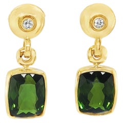 9.34 Carats Total Green Tourmaline & Diamond Dangle Earrings in 18k Yellow Gold