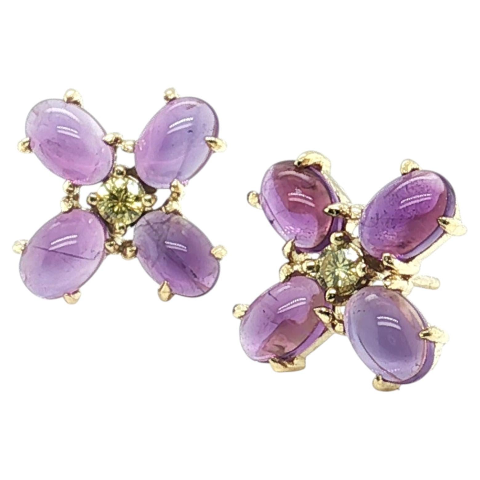 Oval Amethyst Cabochon and Yellow Diamond Stud Earrings in 18k Yellow Gold For Sale