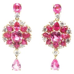Vivid Pink Sapphire and Diamond Dangle Earrings in 18k Yellow Gold, 5.81 Cts TW