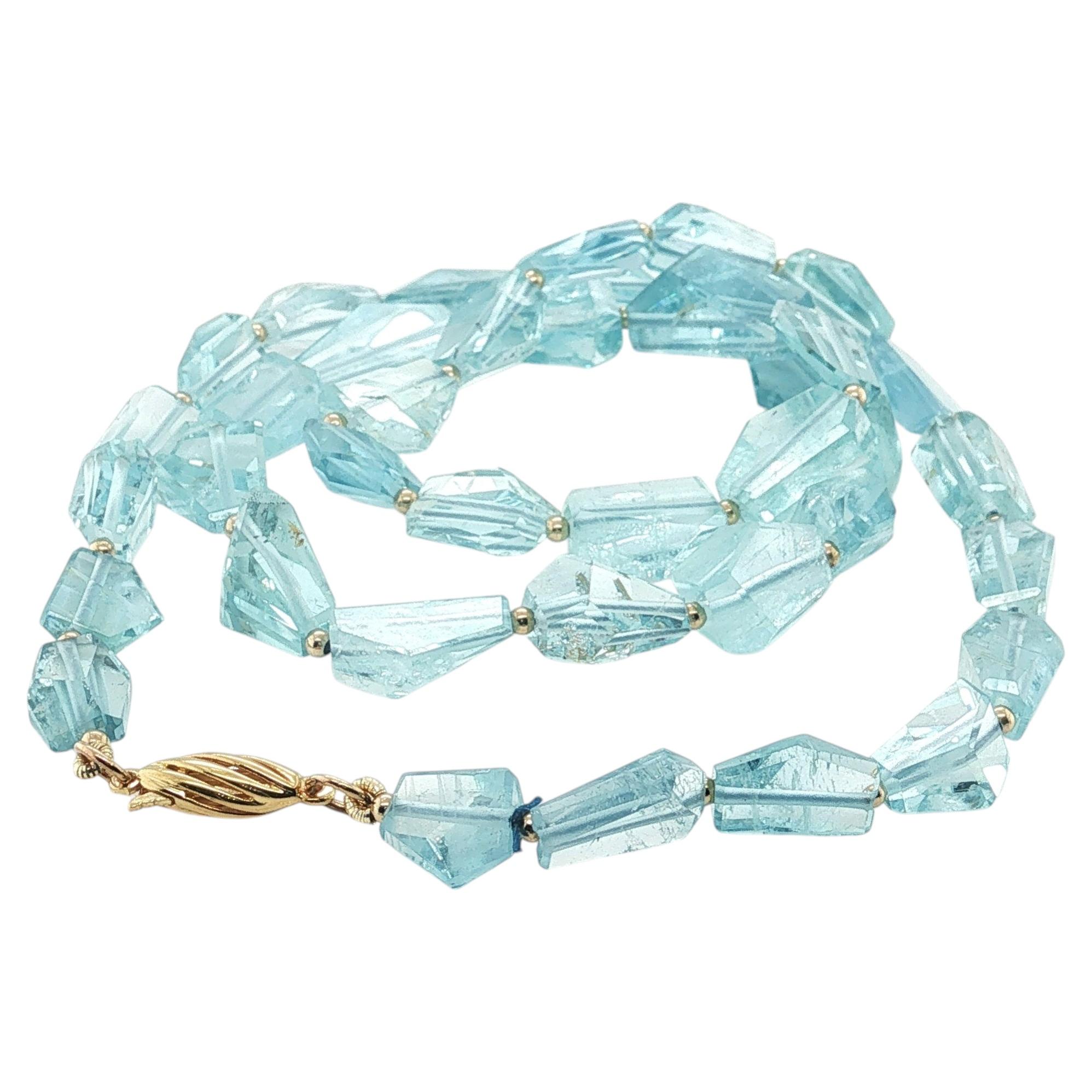 Aquamarine Nugget Beaded Necklace with 14k Yellow Gold Accents, 19.5 Inches