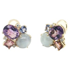 Star Sapphire, Tanzanite, Tourmaline, Amethyst and Diamond Earrings in 18k Gold