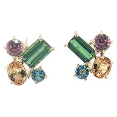 Pink Zircon, Topaz , Aquamarine and Tourmaline 18k Gold French Clip Earrings