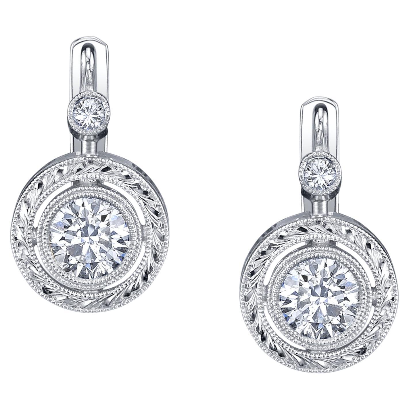 Diamond Drop Earrings in Engraved 18k White Gold, .56 Carat Total For Sale