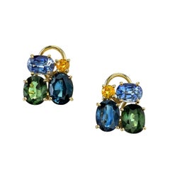 Multi-Color Sapphire Earclips 18 Karat Yellow Gold