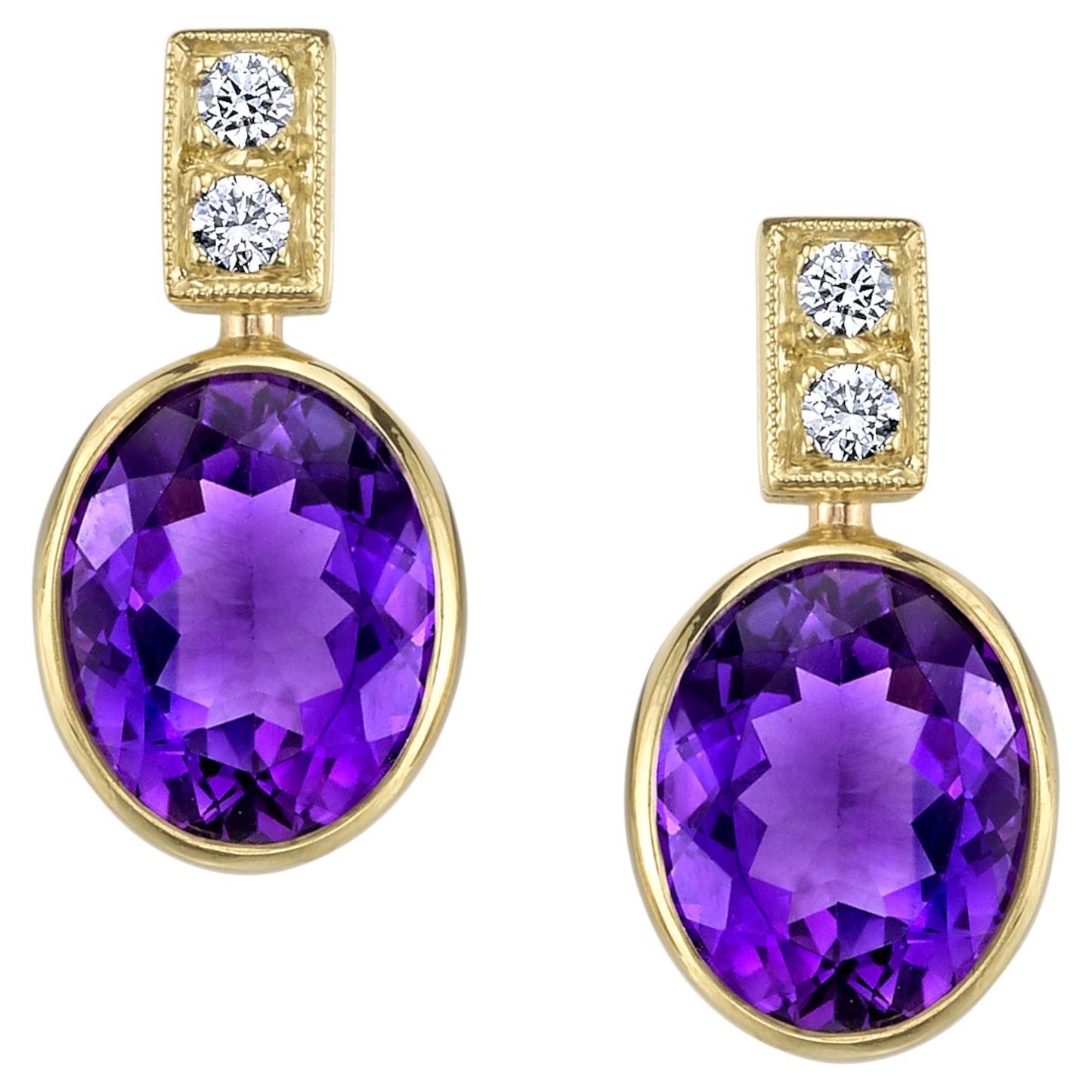 Handcrafted 18k Yellow Gold Amethyst and Diamond Drop Earrings, 6.72ct For Sale
