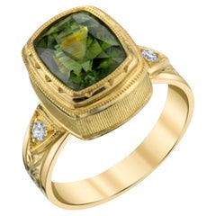 5.38 ct. Green Zircon and Diamond Engraved Band Ring in 18k Yellow Gold