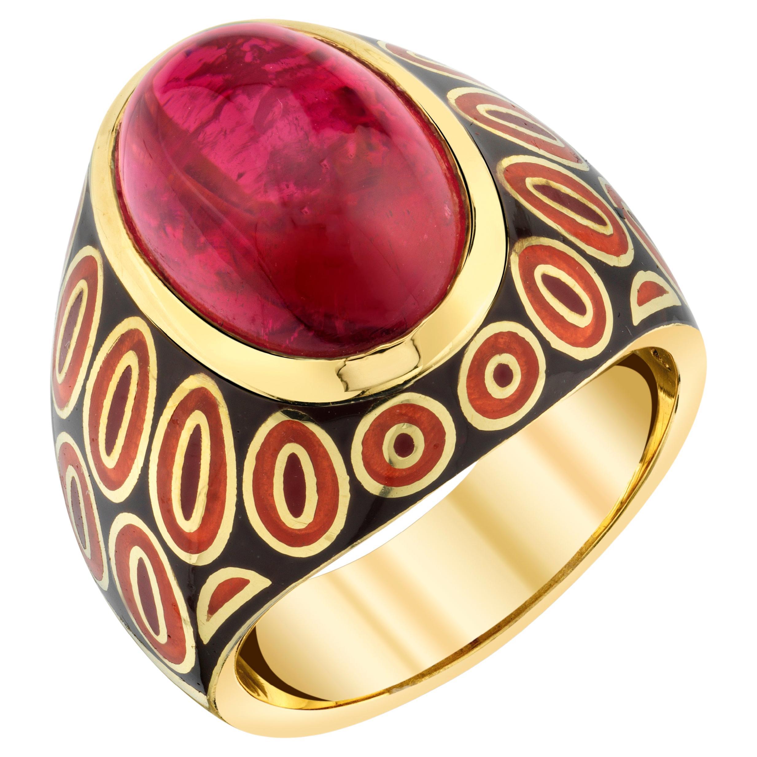 7.60 Carat Rubellite Tourmaline Cabochon and Enamel Dome Ring in 18k Gold For Sale