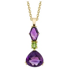 10 Carat Amethyst Drop Necklace with Peridot in 18k Yellow Gold