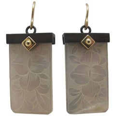 Antique Mother-of-Pearl Gaming Counter 18k Yellow Gold & Silver Dangle Earrings
