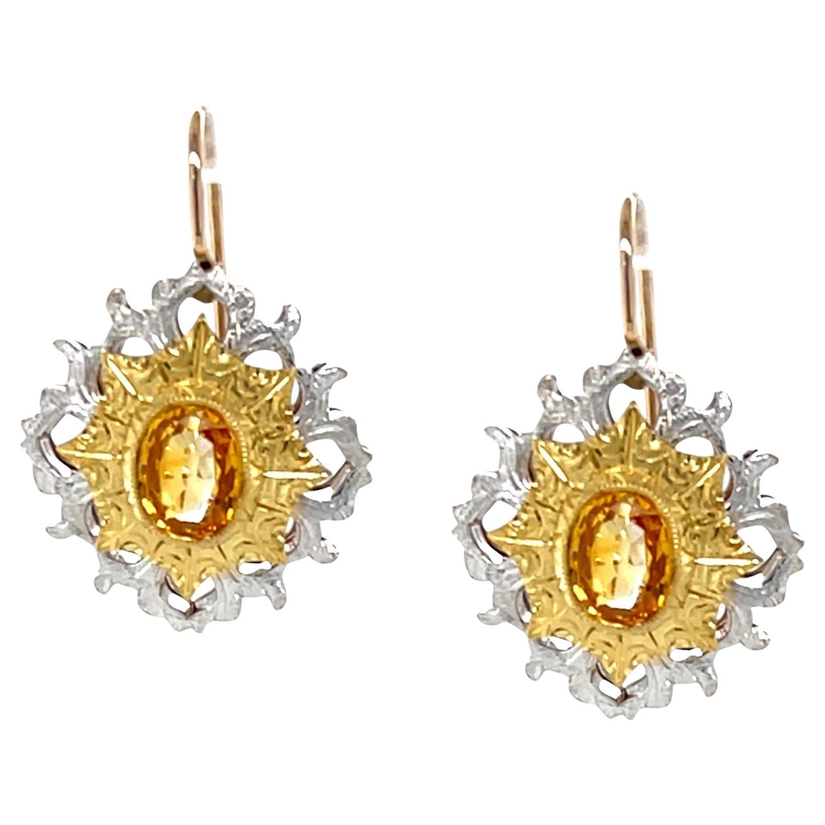 Yellow Sapphire Drop Earrings in 18K White and Yellow Gold, 1.79 Carat Total