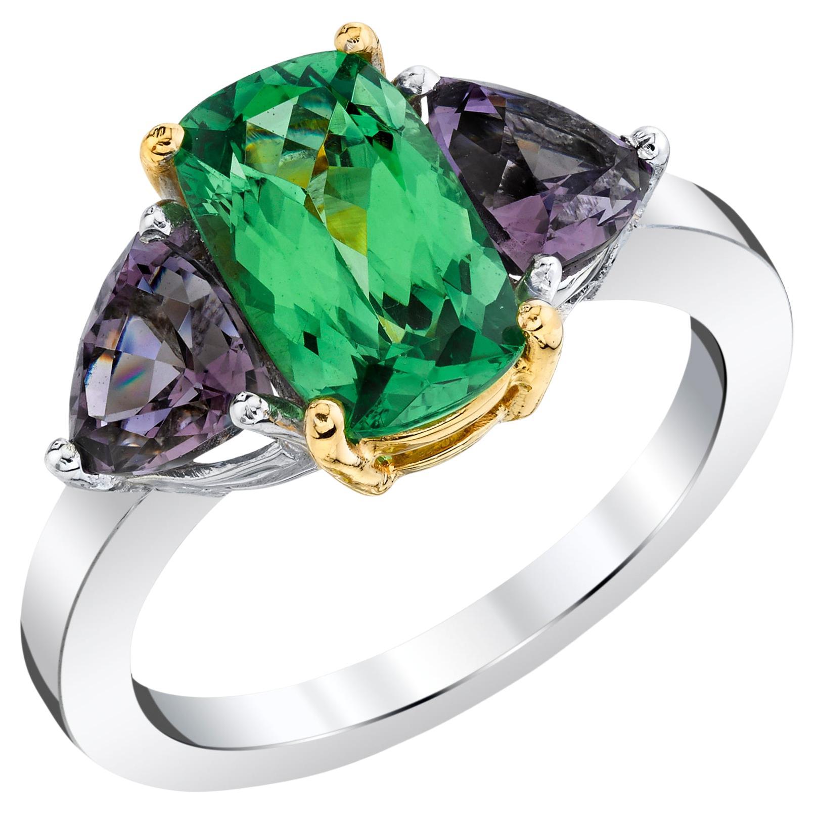 Tsavorite Garnet and Purple Spinel Three-Stone Engagement Ring in 18k Gold For Sale