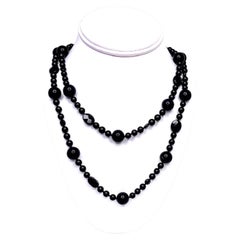 Diamond Pave, Carved Onyx 18k White Gold Flower Earrings & Onyx Bead Necklace 