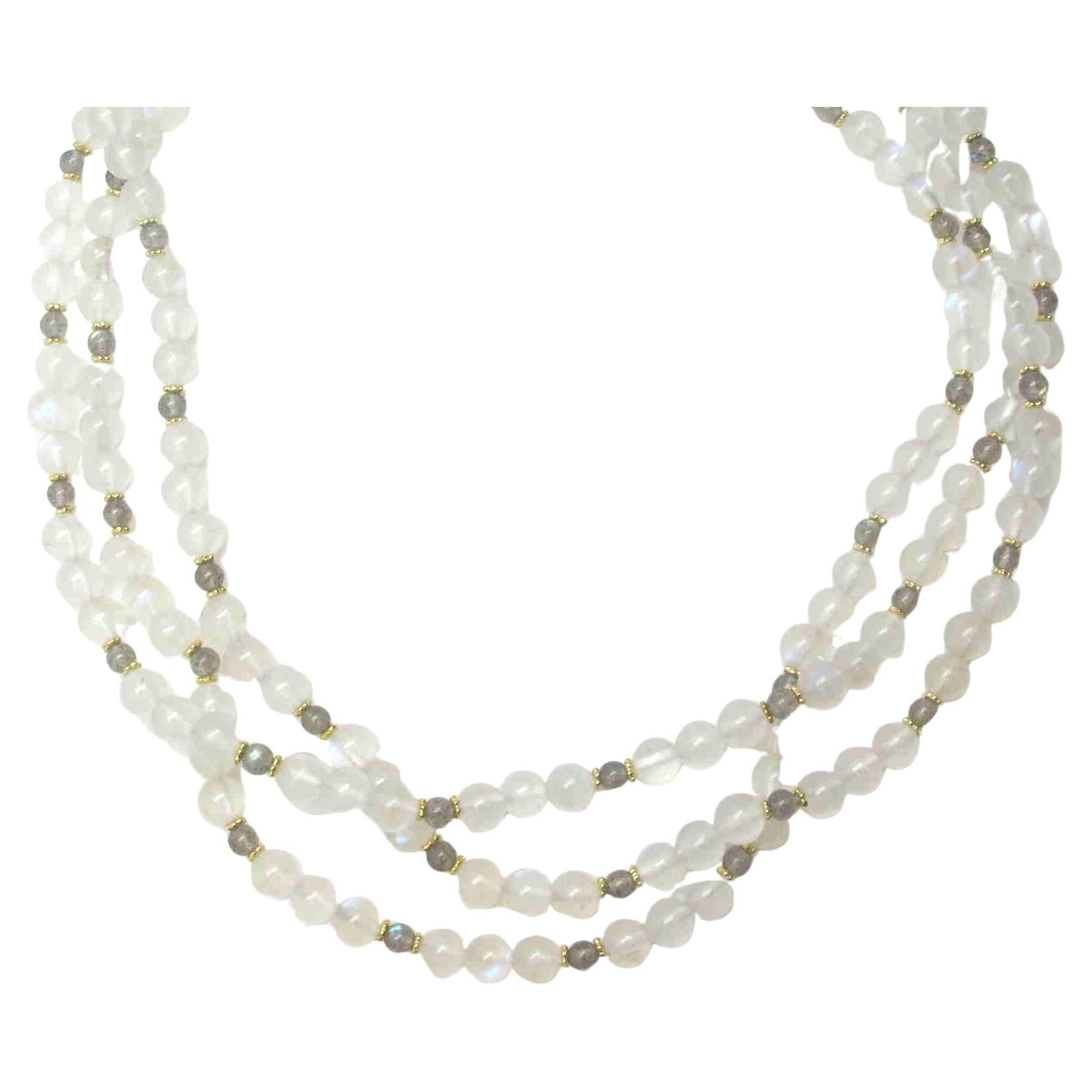 Collier de perles de lune à 3 brins en or jaune 18 carats avec pierres de labradorite