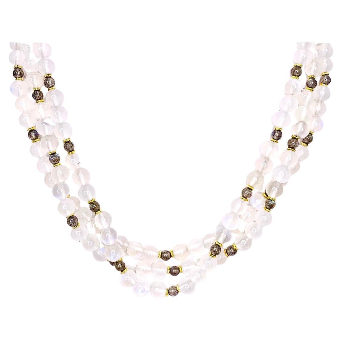 Collier de perles de lune à 3 brins en or jaune 18 carats avec pierres de labradorite