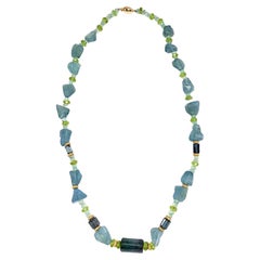Aquamarine, Indicolite Blue Tourmaline, Peridot Bead Necklace with Gold Accents