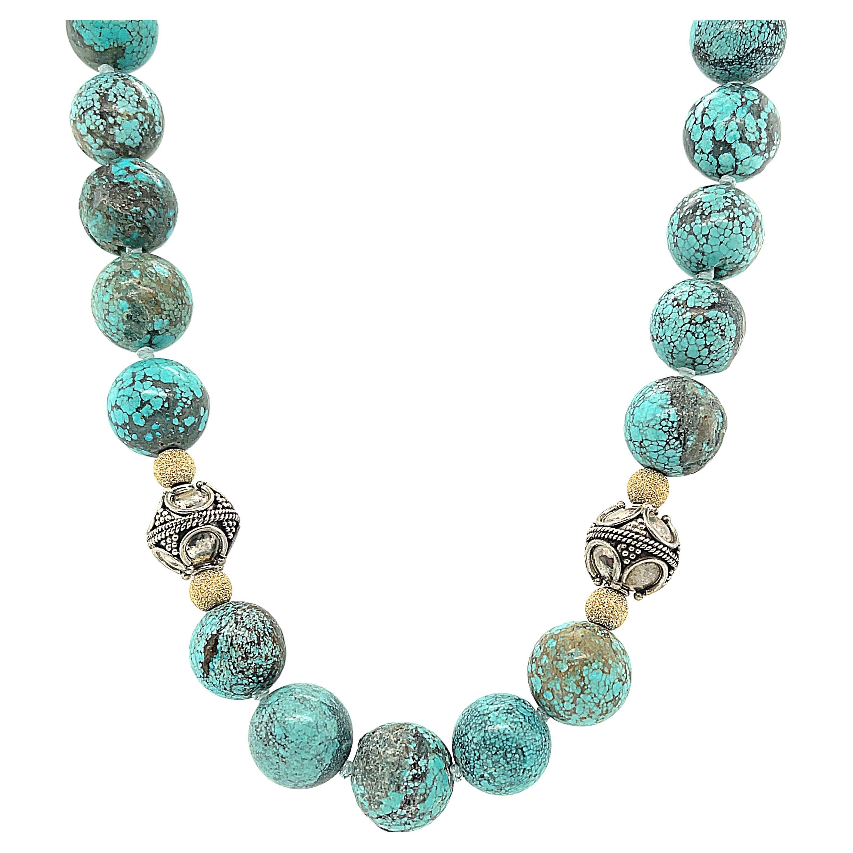 Spiderweb Turquoise Beaded Necklace with 14k Gold and Sterling Silver  Accents