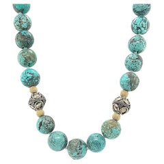 Vintage Turquoise Beaded Necklace with 14k Yellow Gold and Sterling Silver Accents