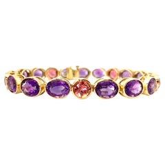 Amethyst and Pink Tourmaline, Yellow and Rose Gold Bezel Set Tennis Bracelet
