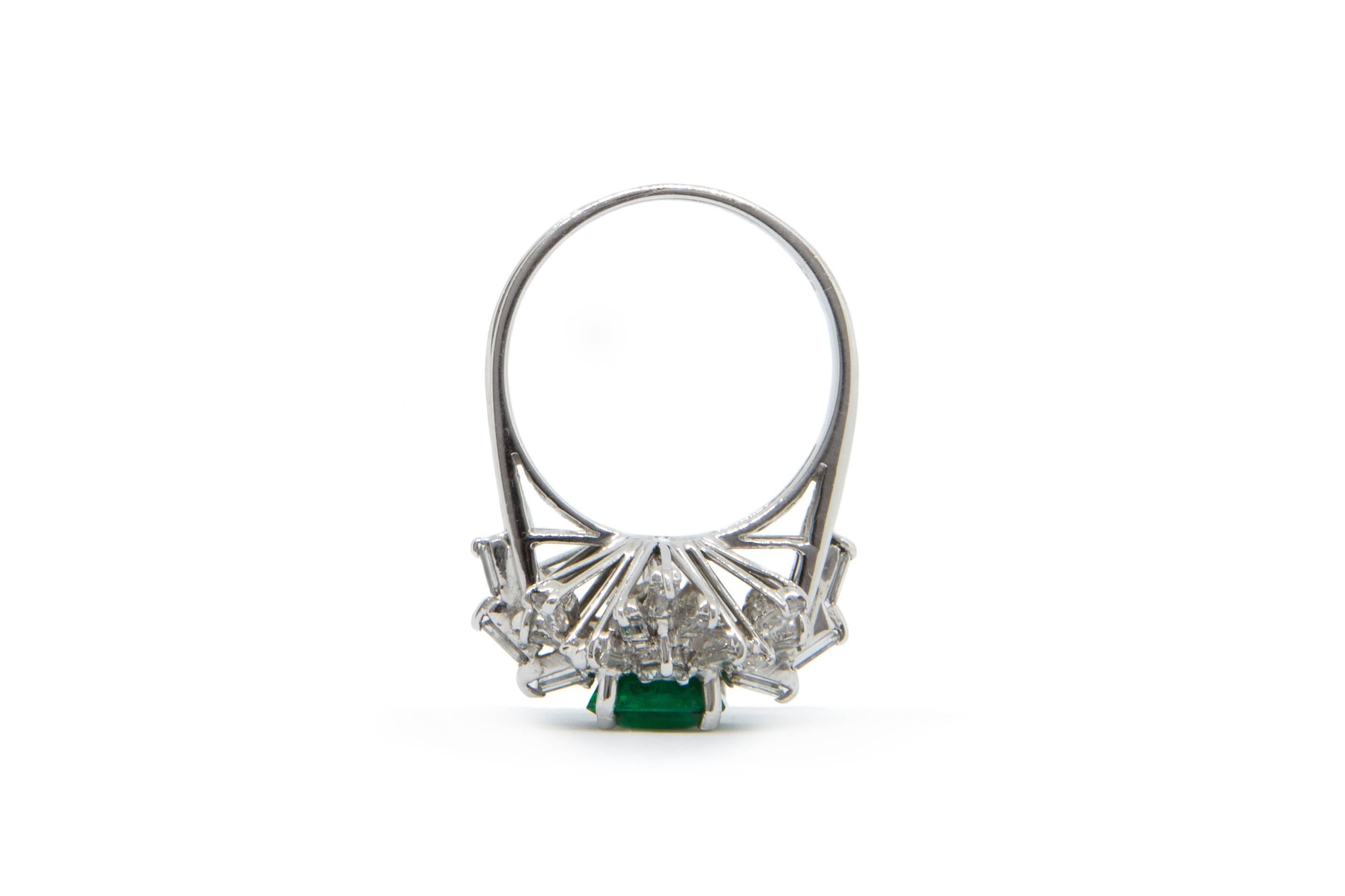 Emerald Cut Certified Natural Emerald and Diamond Cluster Ring Set in 18 Carat White Gold For Sale