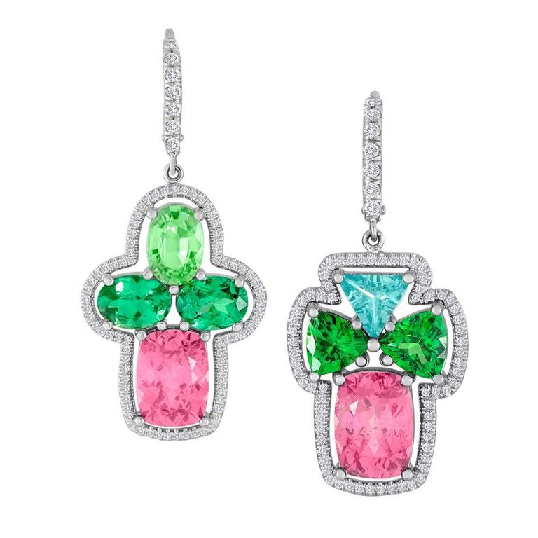 Mismatch Green Garnet Imperial Diamond Earrings In 18 Karat Mismatch Green Garnet Imperial Diamond Earrings In 18 Karat Gold For