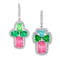 Mismatch Green Garnet, Imperial Garnet, Diamond Earrings in 18 Karat Gold