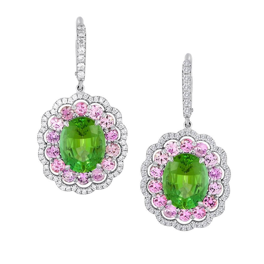 Boucles d'oreilles en tourmaline verte, saphir violet et diamant en vente